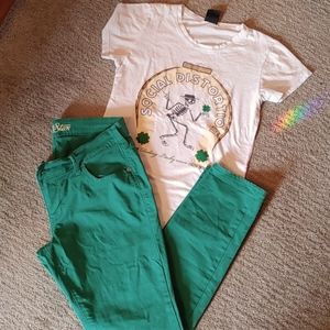 Kelly green skinny jeans.